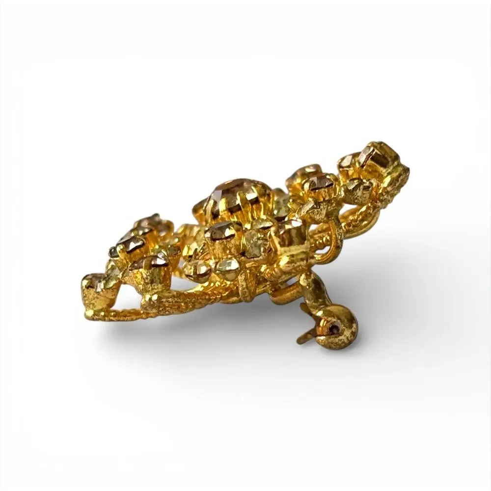 Vintage Signed Austria Gold Tone Amber Rhinestone Flower Petals Brooch